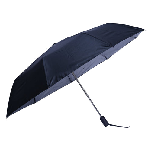 Black umbrella in a slanted position on a white background