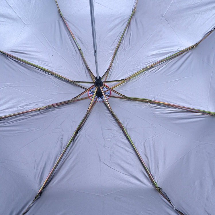 Close-up of an open umbrella with a white canopy and black handle.