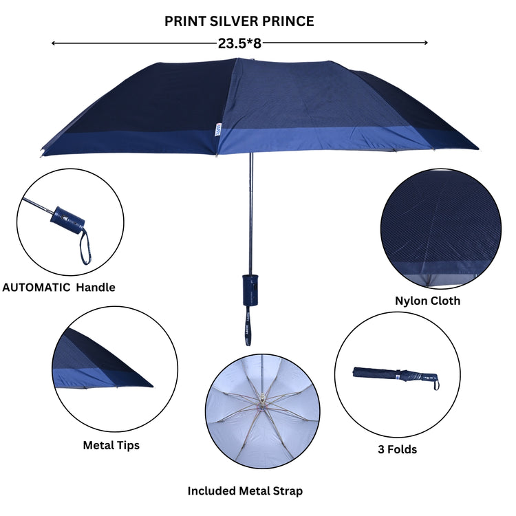 Navy blue checks umbrella with features highlighted on a white background