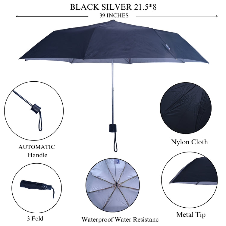 Black silver umbrella with features highlighted on a white background