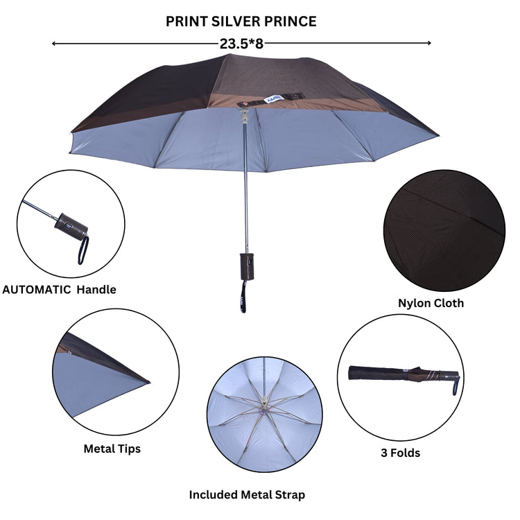Brown checks umbrella with features highlighted on a white background