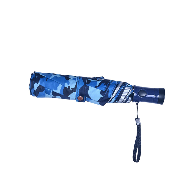 Blue camouflage-patterned umbrella on a white background