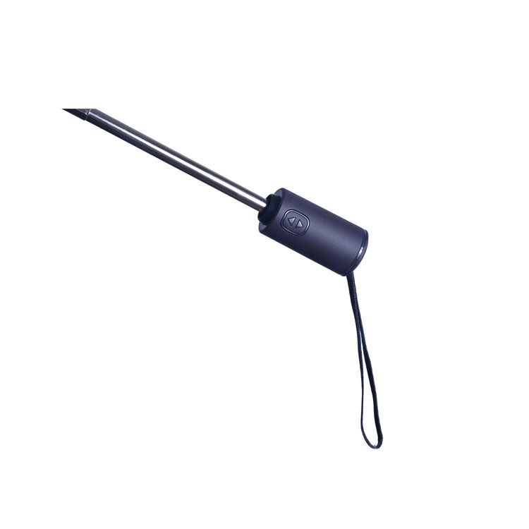 Black metal tool with a long shaft and cylindrical umbrella handle on a white background