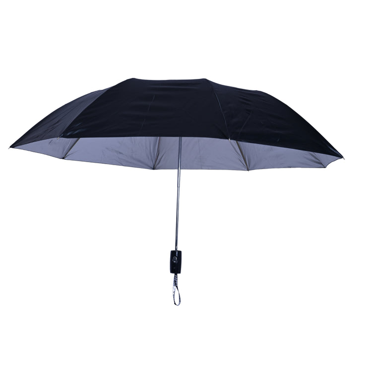 Standing black umbrella with a white background