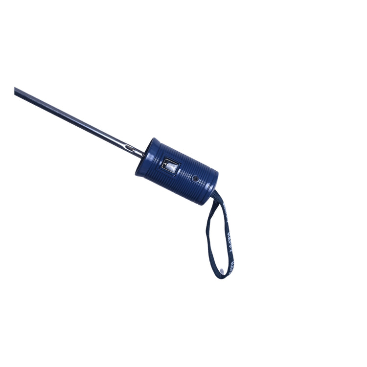 Blue lighter with a black cord on a white background