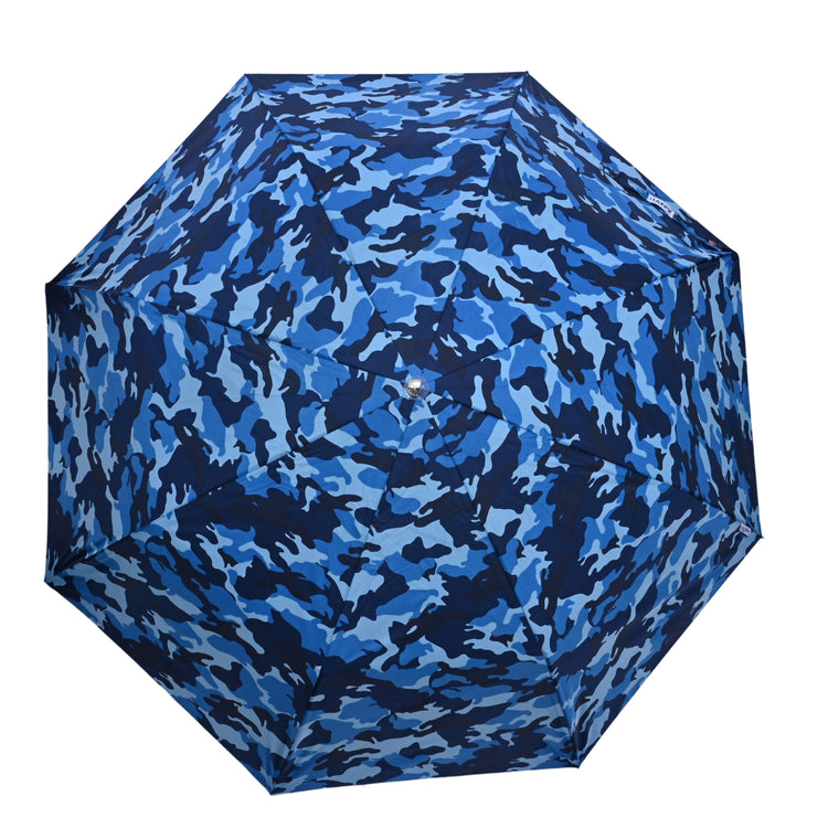 Blue camouflage-patterned umbrella on a white background