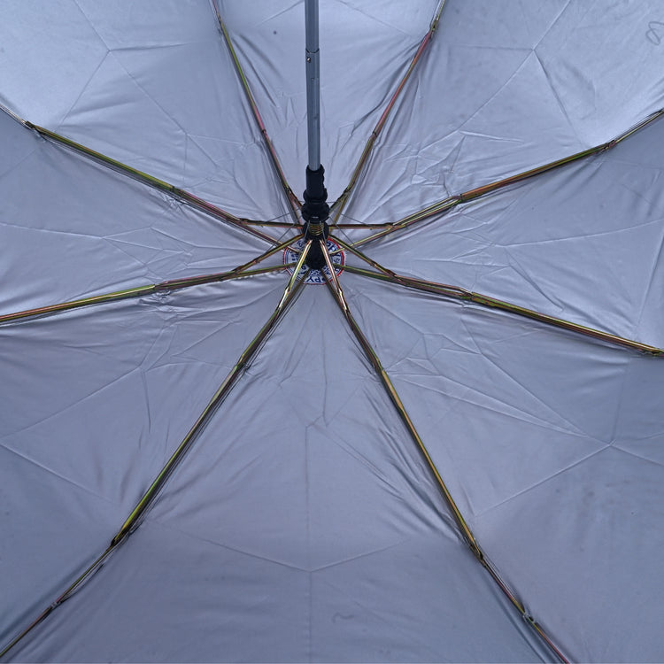 Close-up of an open umbrella with a focus on the structure and fabric.