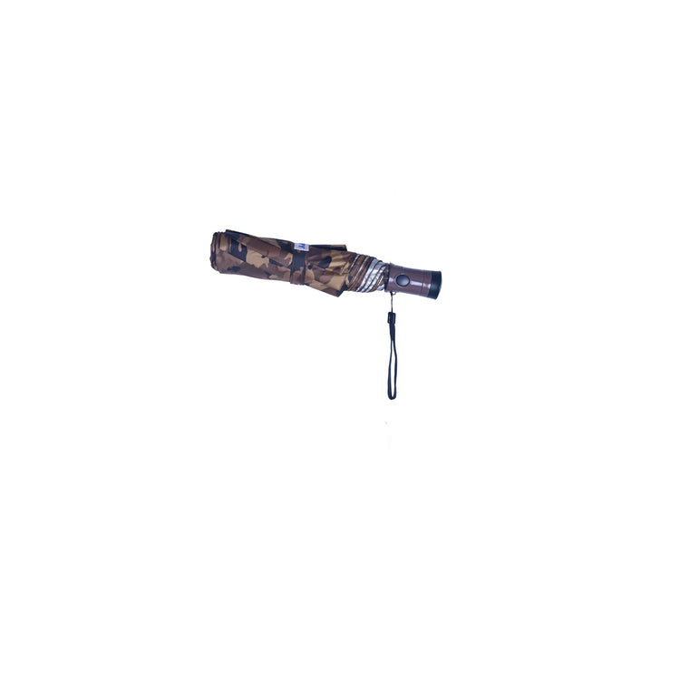Camouflage-patterned umbrella with a strap on a white background