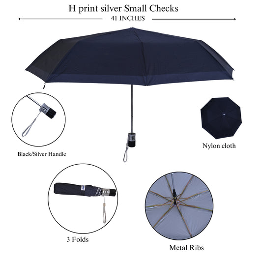 Blue small checks umbrella with features highlighted on a white background
