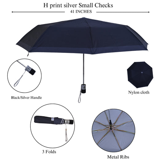 Blue small checks umbrella with features highlighted on a white background