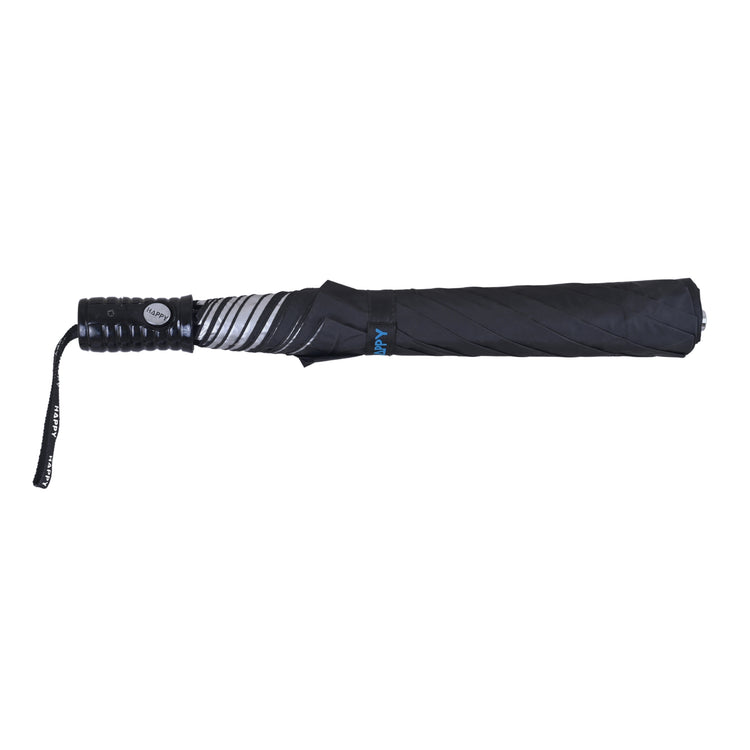 25X8 2 FOLD HAPPY BLACK SILVER POLYESTER UMBRELLA