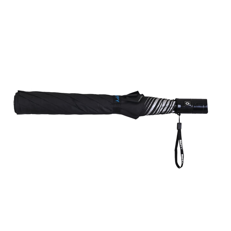 A black umbrella with silver accents, featuring a two-fold design and an automatic opening mechanism with a visible brand logo.