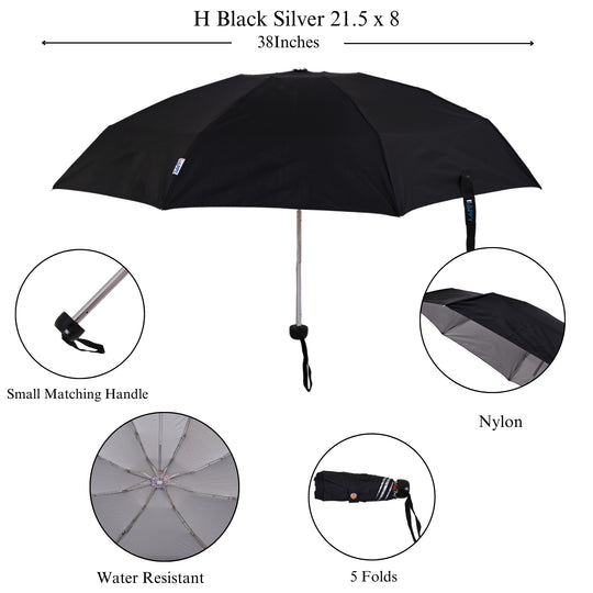 Black silver umbrella with features highlighted on a white background