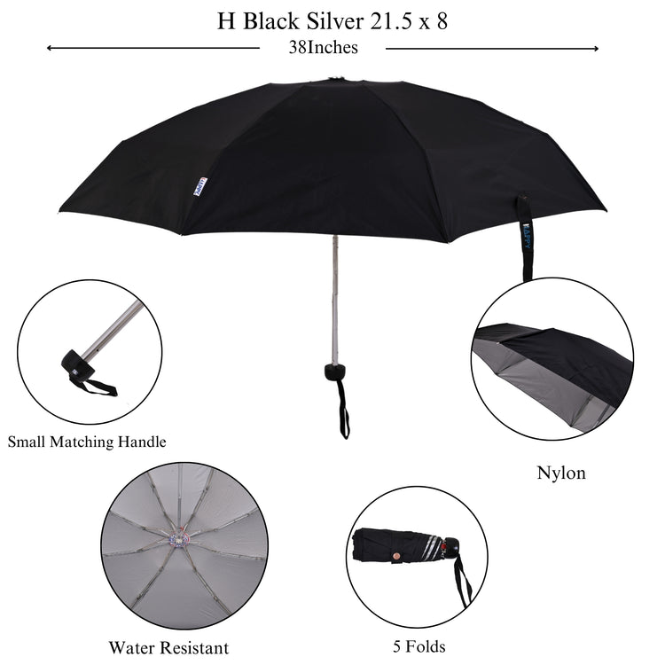 Black silver umbrella with features highlighted on a white background