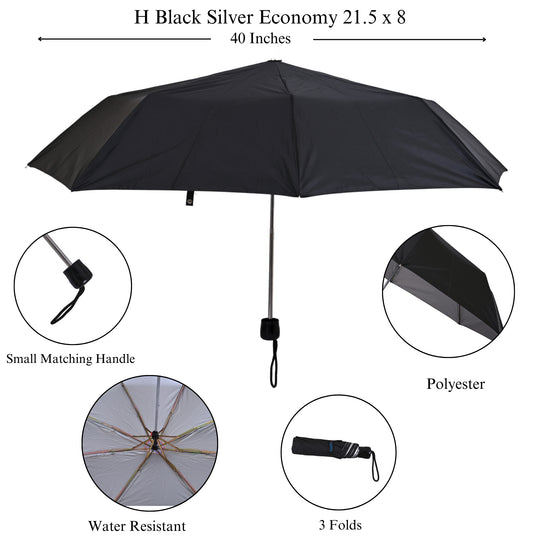 Black silver umbrella with features highlighted on a white background