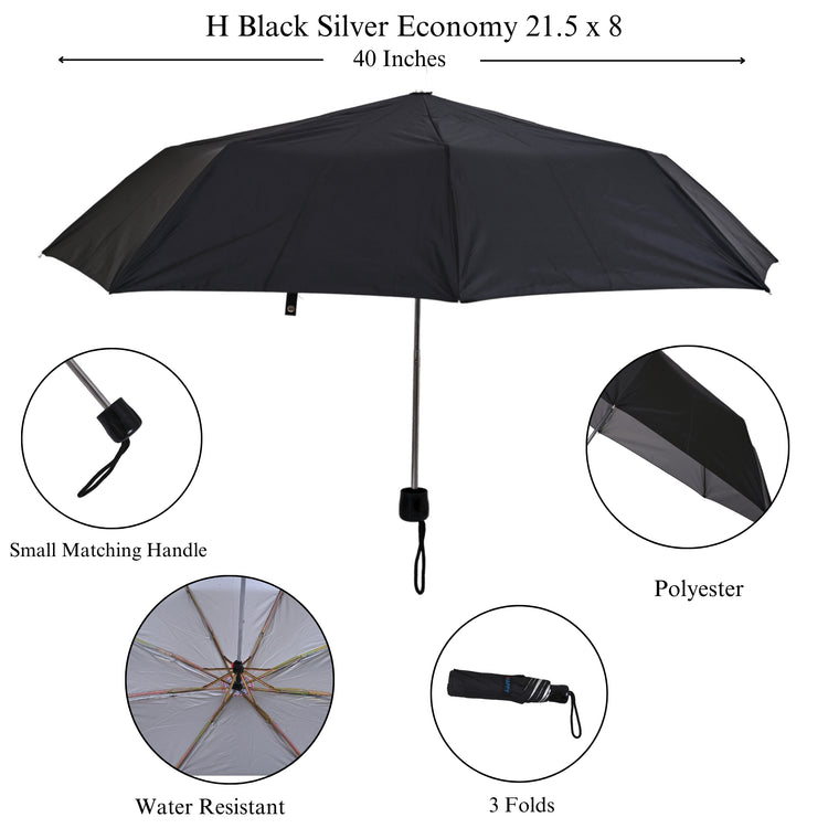 Black silver umbrella with features highlighted on a white background