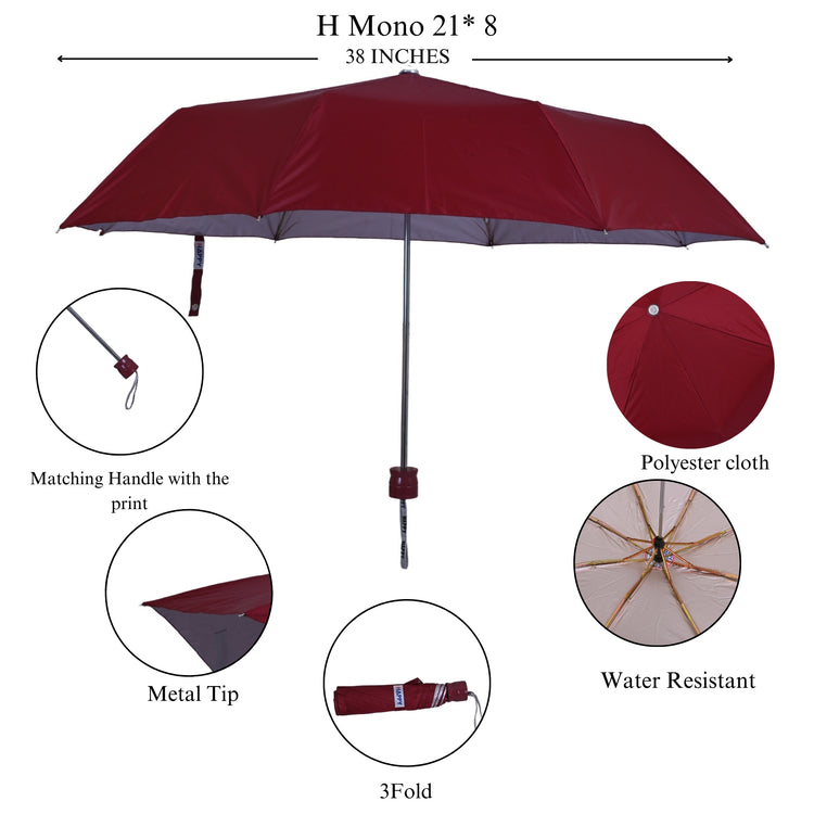 Dark red umbrella with features highlighted on a white background