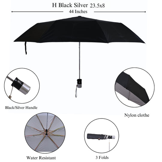 Black silver umbrella with features highlighted on a white background