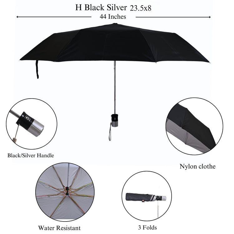 Black silver umbrella with features highlighted on a white background