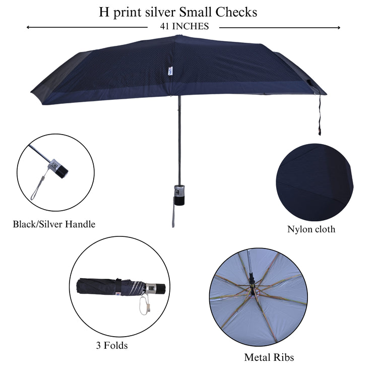 Print silver small checks umbrella with features highlighted on a white background