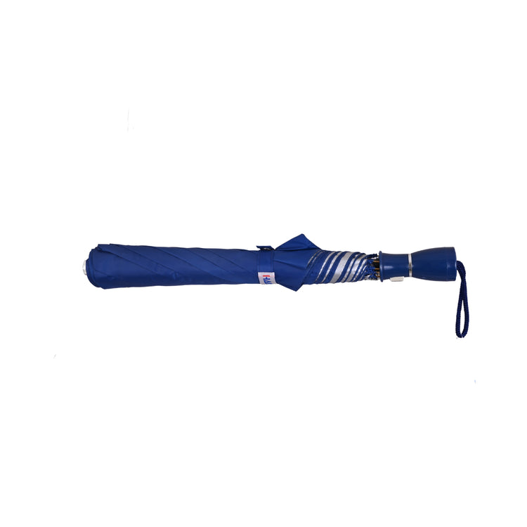 Navy blue umbrella with handle on white background