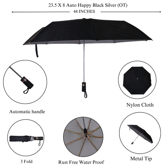 Black silver umbrella with features highlighted on a white background