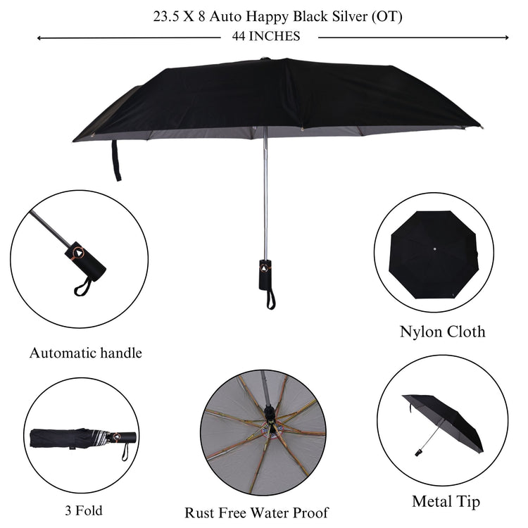 Black silver umbrella with features highlighted on a white background