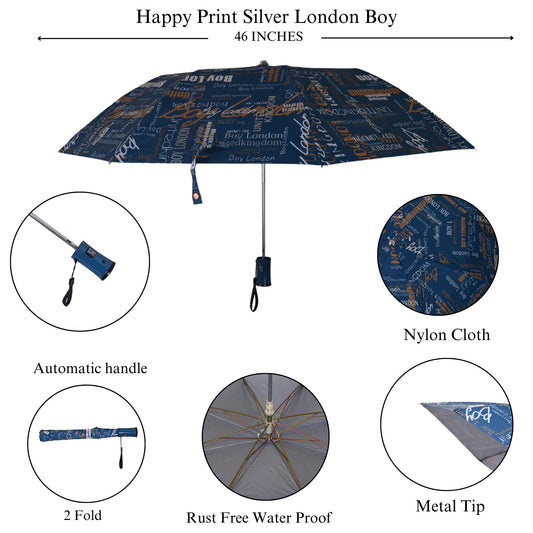 Printed umbrella with features highlighted on a white background