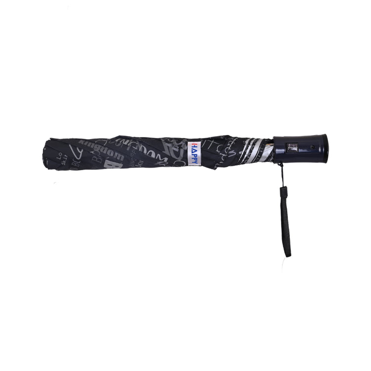 2 Fold black printed umbrella with handle strap on white background