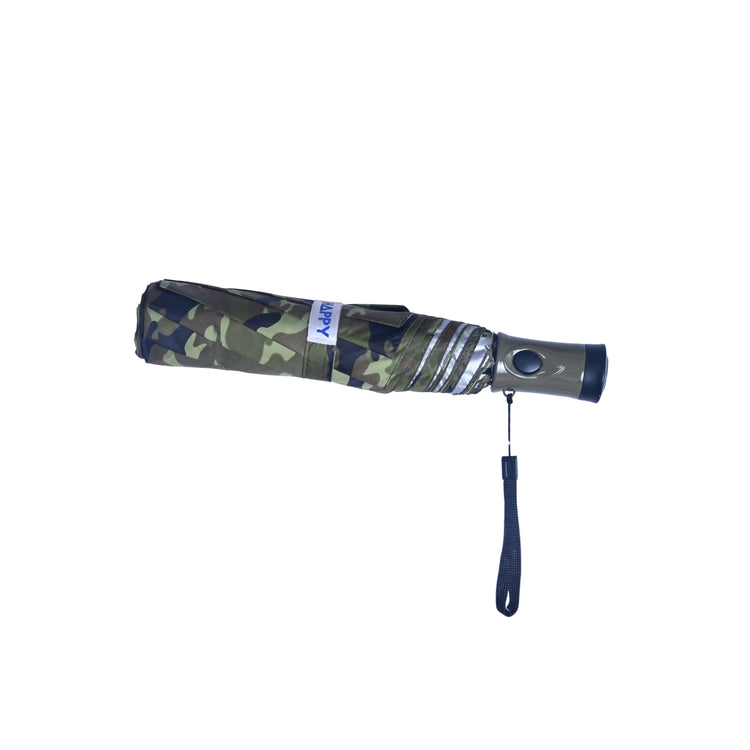 Camouflage-patterned umbrella with a green handle on a white background