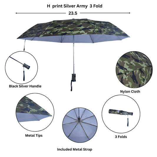 Camouflage-patterned umbrella with features highlighted on a white background